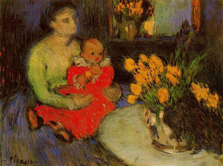 Pablo Picasso Mother And Child Behind The Bouquet Of Flowers